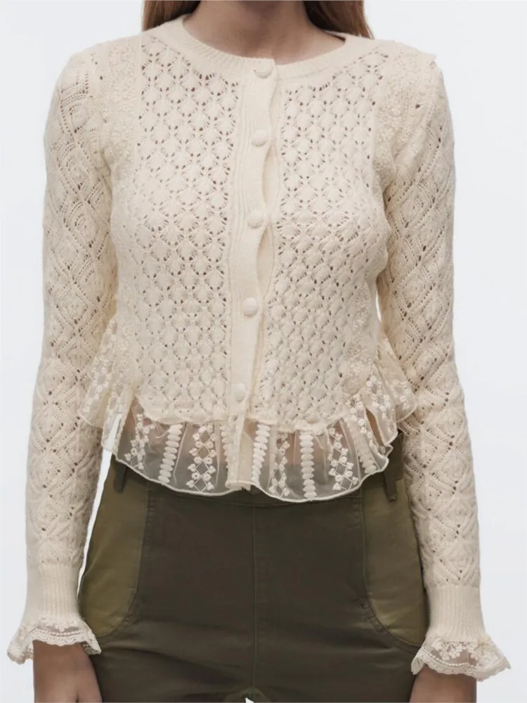 

Женский ажурный кардиган с оборками, вязаный винтажный укороченный свитер с круглым вырезом и длинным рукавом, в стиле пэчворк, осень 2023