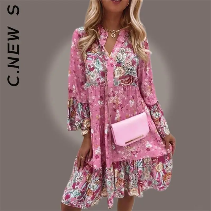 

C.New S Women Casual Loose Mujers Fashion V-Neck Ruffle Min Dresses Floral Printing Dress Lady Elegant Flare Sleeve Beach Dress