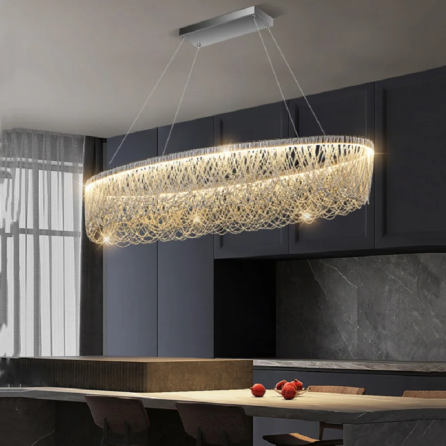 

Dining Room Led Chandelier Modern Light Luxury Tassel Chandelier Living Room Bedroom Hanging Lamp Silver Round Lighting Fixture