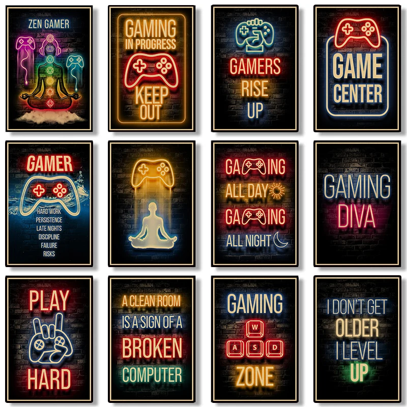 

Game Neon Game Retro Picture Aesthetic Kids Boys Room Playroom Decor Home Room Decoration posters Modern Design canvas painting