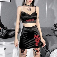 zeli women sexy lace corset crop top slim mini skirts streetwear punk 2pcs sets y2k gothic embroidery summer skirt camis suit