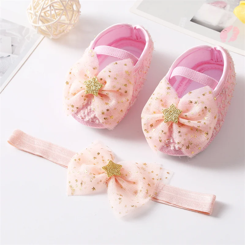 

Summer Baby Girl Satin Cloth Net Yarn Bowknot Princess Shoes Toddler Soft Sole Walking Shoes Headbands Set
