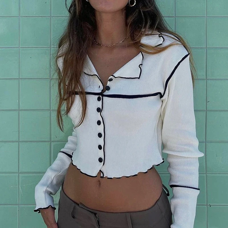 

Women Buttoned Cardigan, Long Sleeve Ccrop Tops Solid Color Lapel Collar Tops, Women Clothing