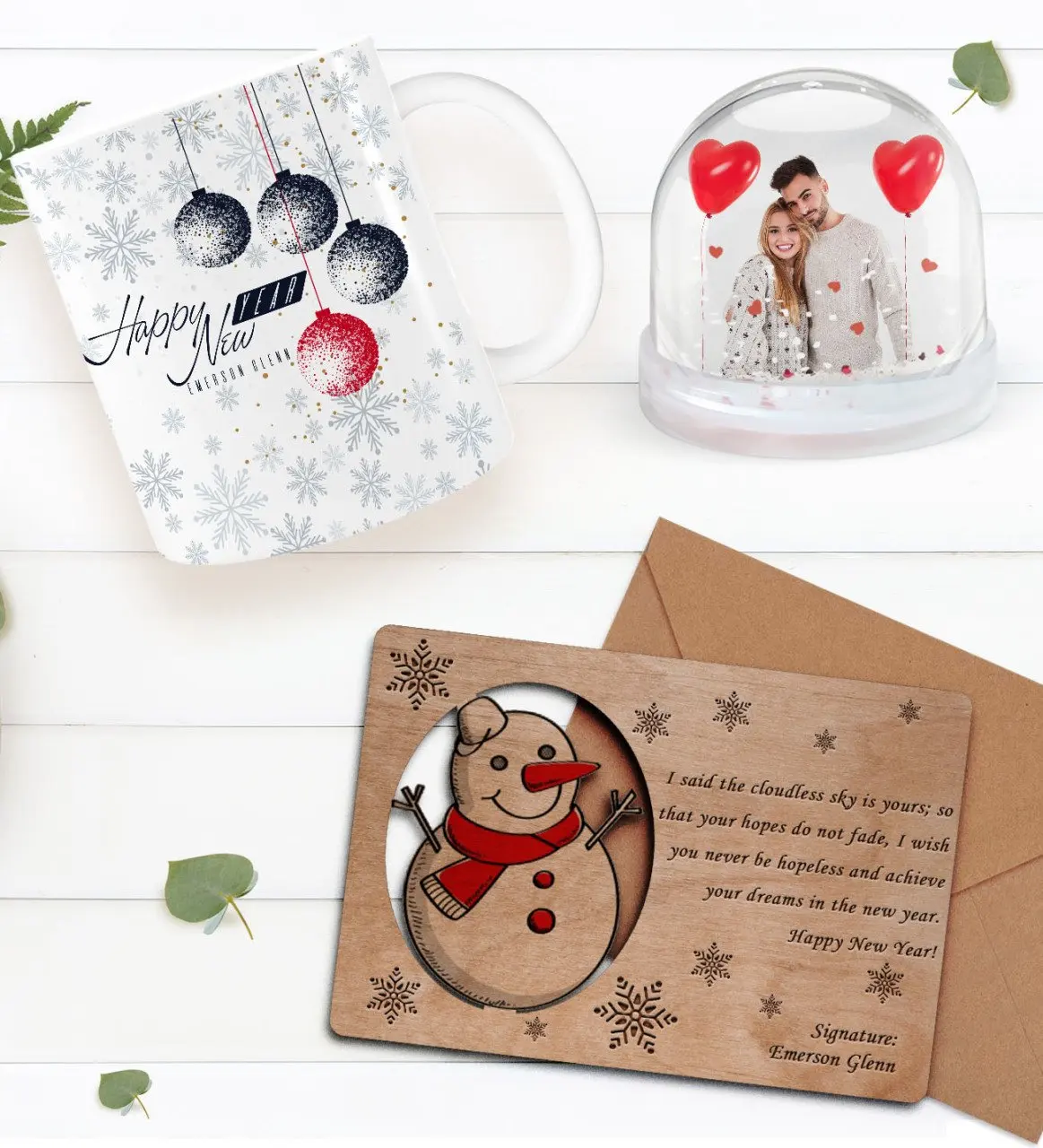 

Персонализированная фотография снежный шар и новогодняя кружка и ретро Деревянная Рождественская открытка подарок