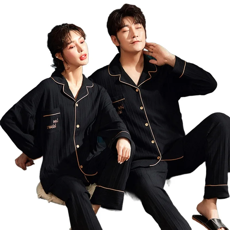 QUHENG Youth Couple's Pajamas Autumn Long Sleeved Trousers Cotton Soft Breathable Men Women Matching Lounge Lapel Printed Suit