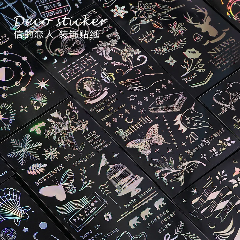 

Vintage Laser Silver Shiny Butterfly Letter Stickers Transparent PET Material Label Deco Scrapbook Junk Journaling Sticker