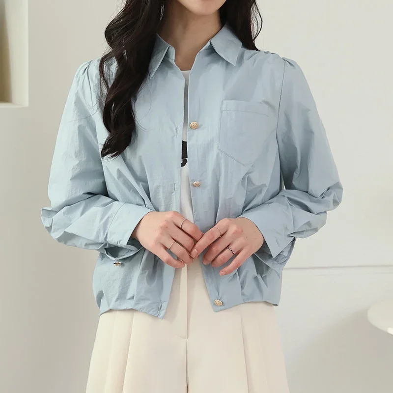THЖенская весенняя новая однотонная простая рубашка с длинным рукавом в