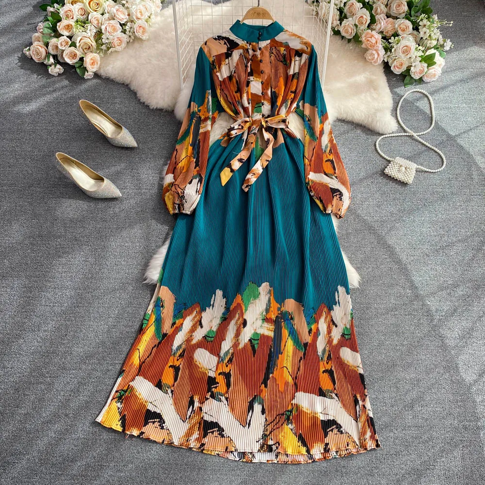 

SuperAen New Loose Button Belt Stitching Pleated Long Sleeve Elegant Dress Fashion Women's Holiday Style Dress