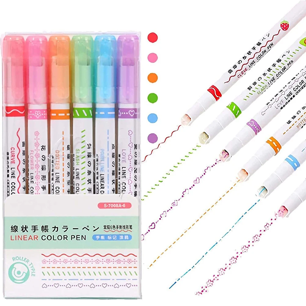 

6 Pcs Curve Shapes Highlighters Color Marker Pen Liner Color Pen Tip Pens with 6 Different Curve Highlighter