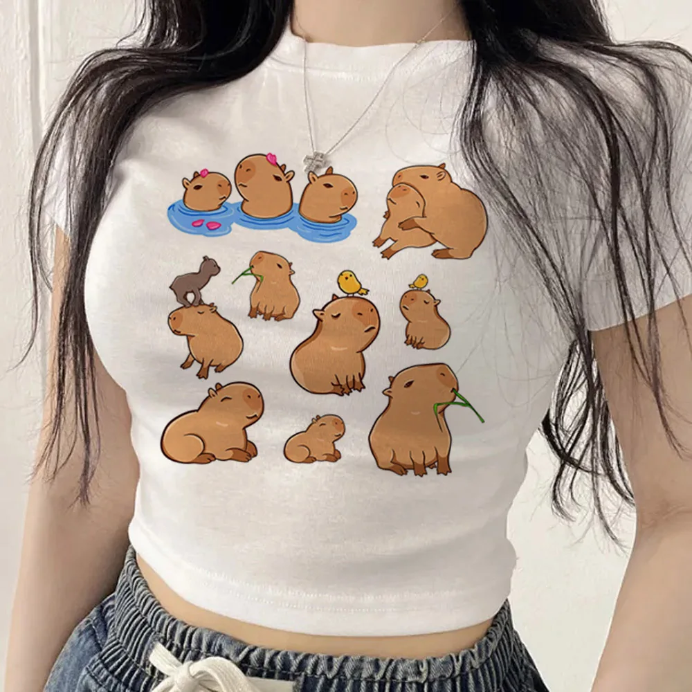 Фото Женский укороченный топ Capybara Kapibara в стиле Y2K, милый, гранж, джойфуку, корейская мода, с принтом мемов, японский альтернативный стиль, для дерзких девушек №1