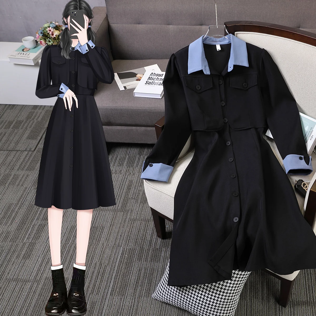 Женское элегантное платье-рубашка свободное облегающее однобортное платье