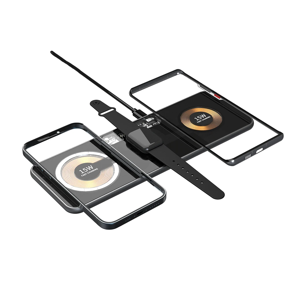 

Desk Transparent Wireless Charge Pad Dual 15W Fast Charger 3 in 1 for iphone Headset Bluetooth Watch Aluminum Alloy Charge Stand