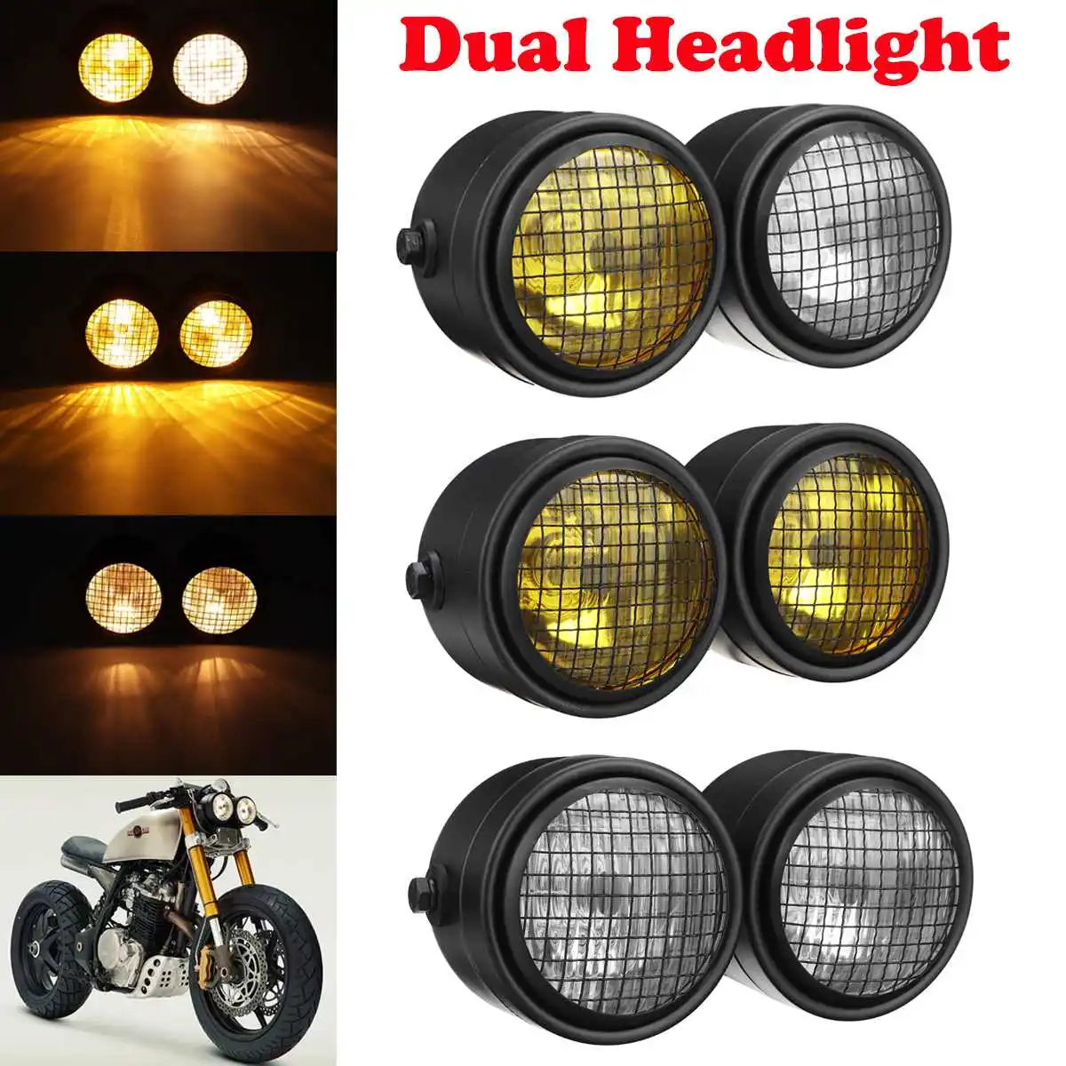

Motorcycle Headlight Led Dual Headlight Halogen H4 Bulb Led Light With Grill Double Headlamp Universal Motorcycle Front Light