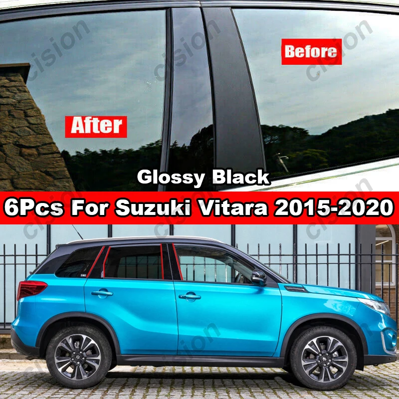 6Pcs Carbon Black Car Door Window BC Pillar Post Trim Cover Mirror Effect PC Material Sticker For Suzuki Vitara Escudo 2015-2022
