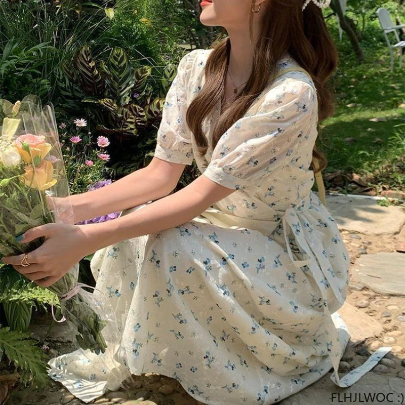 

2023 Hot Sales Woman Japan Style Design Clothes Date Holiday Floral Print Retro Vintage Korea Chic Long Lace-Up Shirt Dress