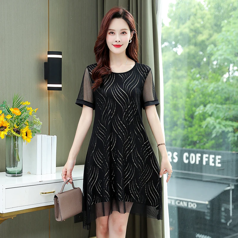 

Summer Lace Net yarn Dress Women Casual Short-sleeve O-neck Empire Vintage Club Dress Female Fashion Party Dresses Vestidos