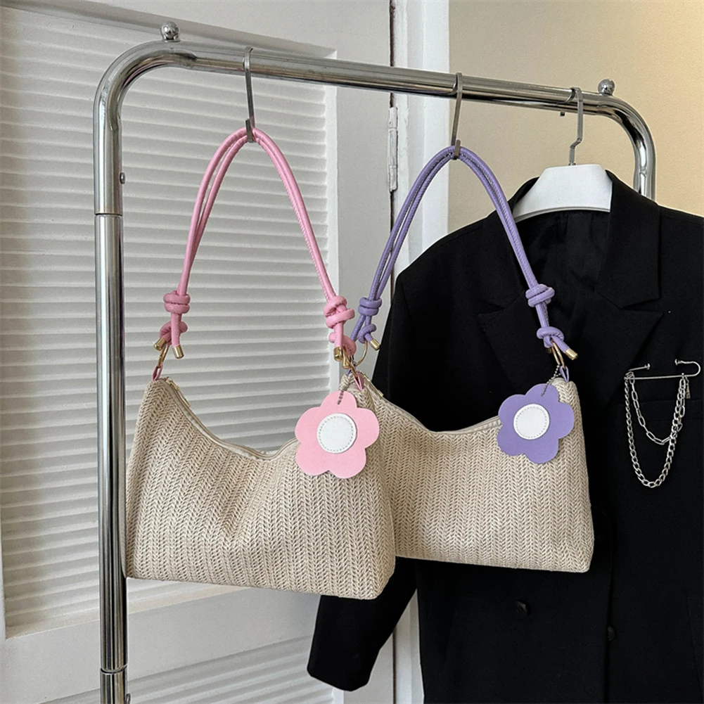 

Women Summer Woven Underarm Bag Handmade Female Handbags PU Strap Flowers Casual Shoulder Straw Bag Shopping Tote Crossbody Bag