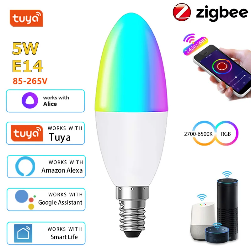 

Умная лампа Zigbee E14, светильник в форме свечи, RGB + CW + WW, 5 Вт, с голосовым управлением через приложение, с регулируемой яркостью