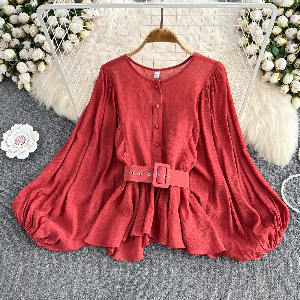 

SuperAen Европейская супер-экзотическая Милая шифоновая рубашка с длинным рукавом и круглым вырезом Женская Высококачественная Свободная руб...