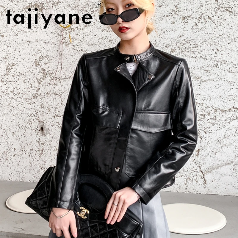 Женская мотоциклетная куртка Tajiyane черная из натуральной овечьей шкуры