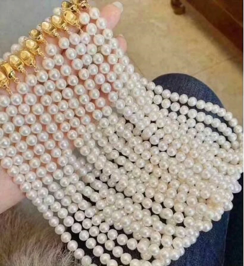

10PC Beautiful AAA 7-8mm Natural White Akoya Round Pearl Necklace 18 inch 925S