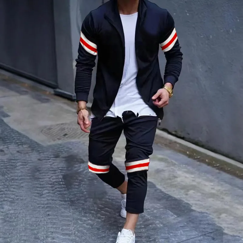 Slim-Fit Sports Long-Sleeved Lapel Cardigan Men's Zipper Color Matching Fashion Casual Men's Sport Suit