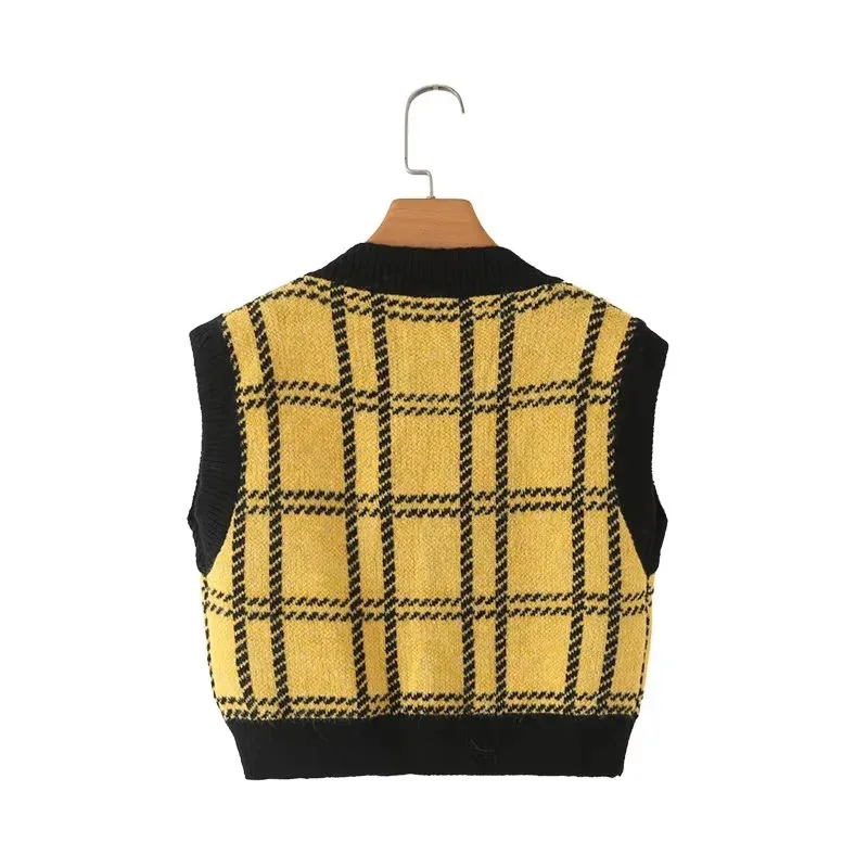 Американский уличный желтый клетчатый вязаный жилет женский короткий с глубоким