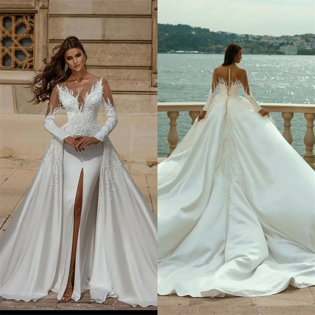 Retro Pearls Long Sleeves Wedding Dresses Mermaid Sheer Jewel Bridal Gowns Custom Made Split Detachable Train Vestido de novia