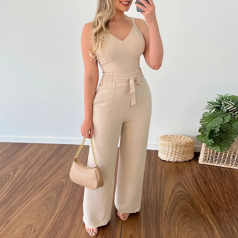 Women's Spring 2023 New V-neck Short Vest Tethered High Waist Patch Pocket Straight Pants Casual Suit