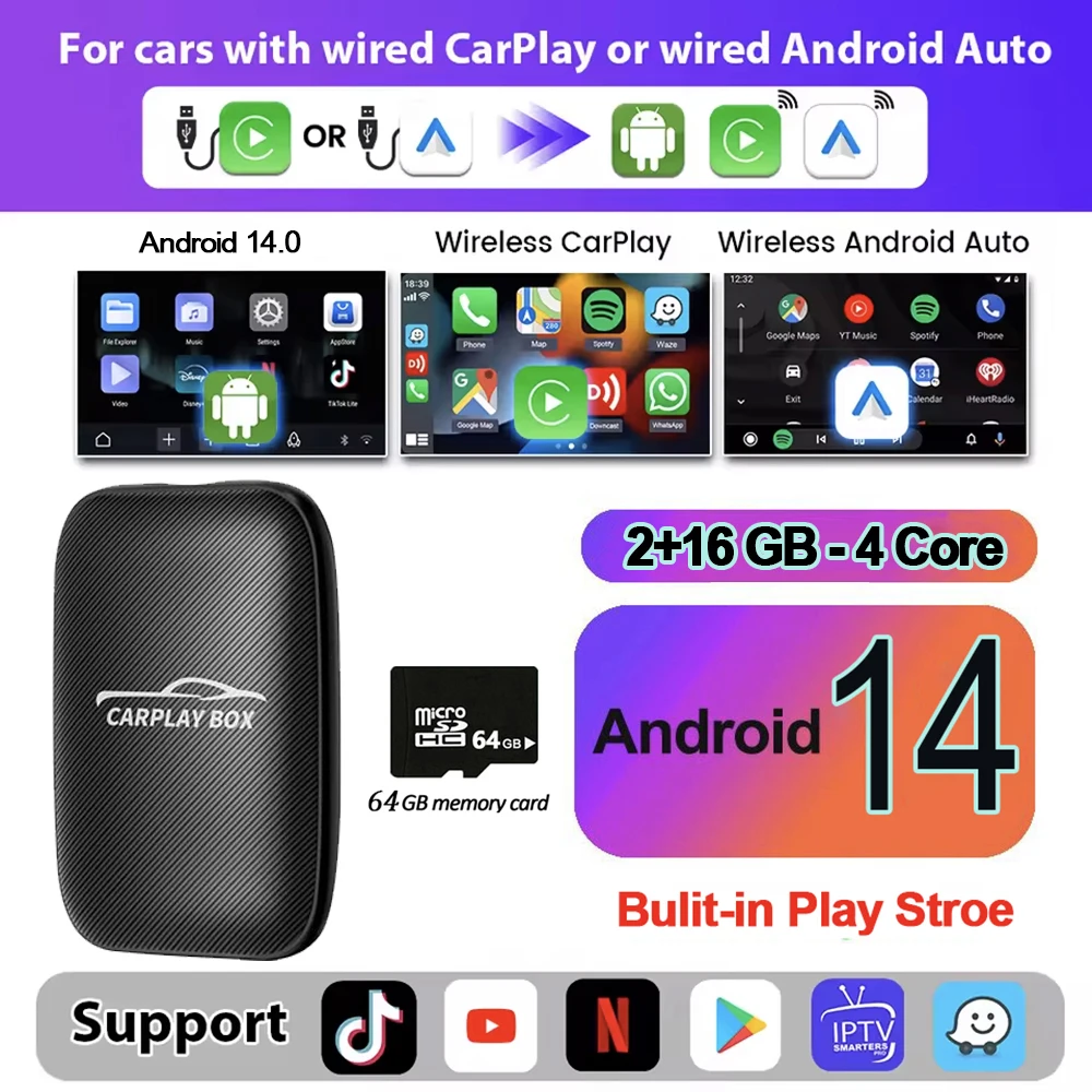 

Многофункциональный ТВ-приставка 5-в-1: Беспроводной Адаптер CarPlay И Android Auto На Android 14