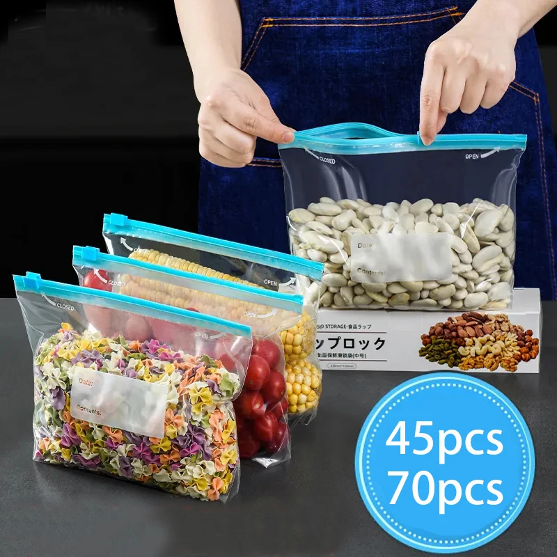 

45/70PCS Reusable Food Freezer Bag Stand Up Storage Leakproof Top Kitchen Organizer Fresh Shut Wrap Ziplock