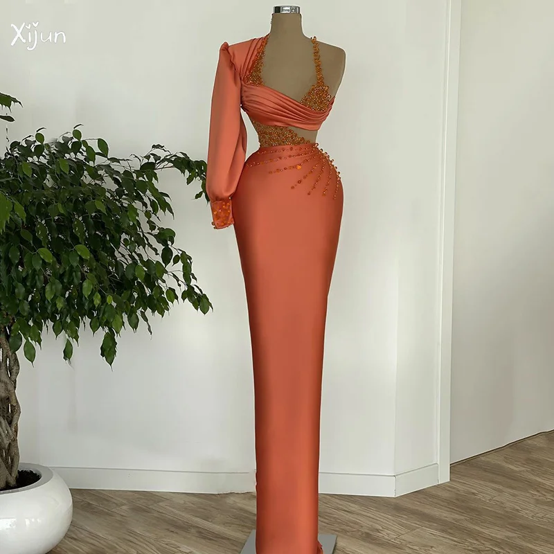 

Xijun Elegant Orange Mermaid Prom Dresses Beading Crystal One Shoulder Party Evening Gowns Saudi Arabia Dubai Vestidos De Gala