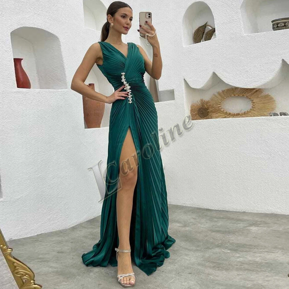 

Caroline Vintage V-Neck Sleeveless Evening Party For Women Prom Gowns Crystals Side Slit Made To Order Drop Shipping De Fiesta