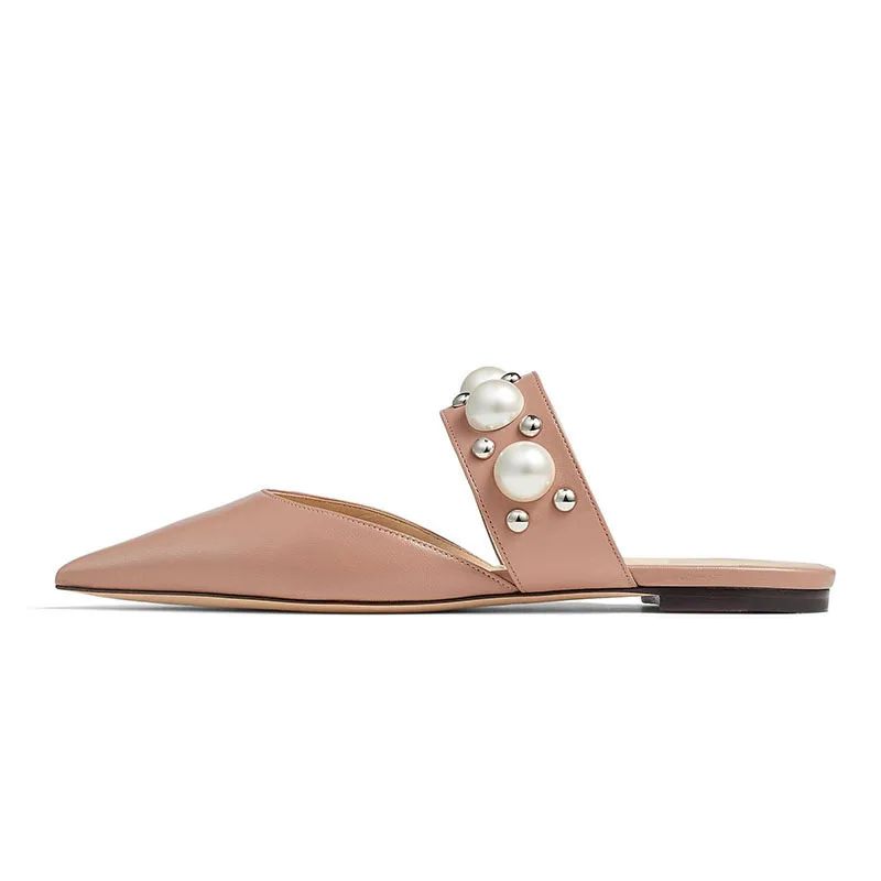 Sweet Pearl Sandals Summer Concise Women Shoes Fashion Pointed Toe Mules Sandalia Mujer Outdoor Party Casual Flats Plus Size 43