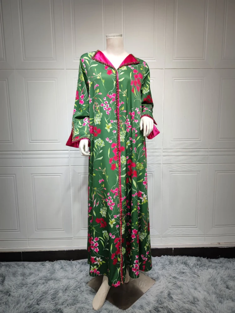 Modest Muslim Moroccan Jalabiya Dubai Caftan Dress for Women Eid-al-Adha 2023 Twist Rhinestone Rape Trim Print Arab Abaya Green