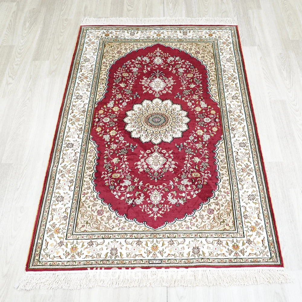 Шелковый коврик Тебриз 91x152 см красный турецкий Восточный ковер ручной работы с