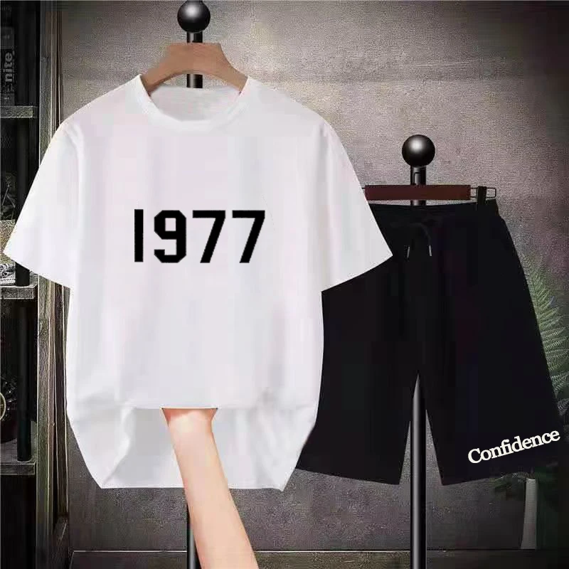 70s Vintage Men‘s T-shirt Shorts Pure Cotton 2 Piece Set Daily Casual Fashion Suit Gym Fitness Outfit Short Sleeve Sports Suit