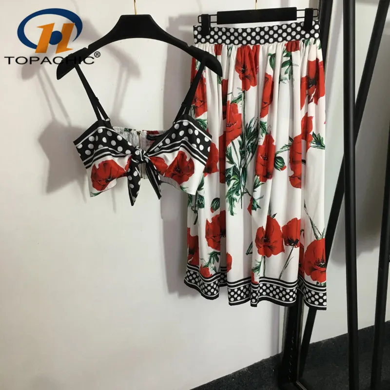 

4.13 High Quality Bow Spaghetti Strap Zipper Tank Top Or Flower Polka Dot Print Midi Skirt Holiday Temperament Set Women