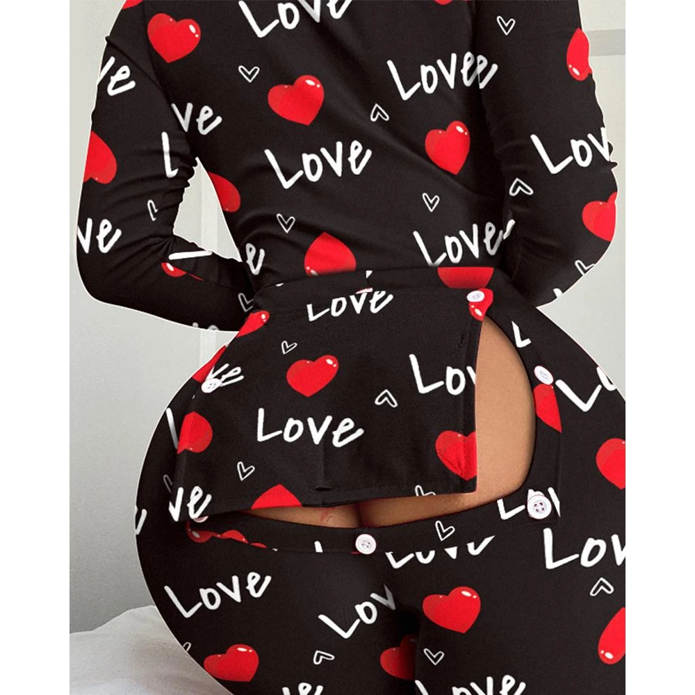 Autumn Spring Women Sexy Heart Letter Print Functional Buttoned Flap Sleep Onesie Pajamas Ladies V Neck Long Sleeve Sleepwear