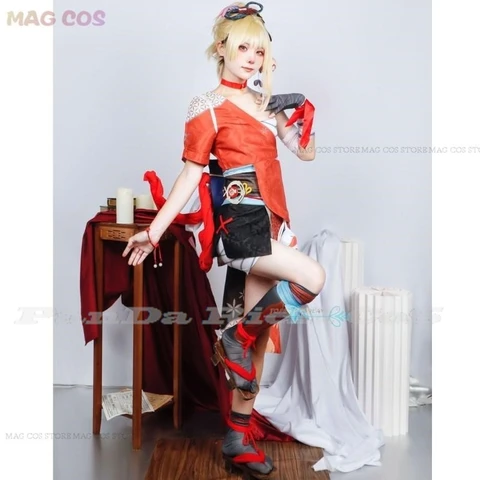 Костюм для косплея Genshin Impact Yoimiya, костюмы для вечеринки, парик Yoimiya, обувь, полный комплект, наряд для ролевых игр, женский костюм на Хэллоуин