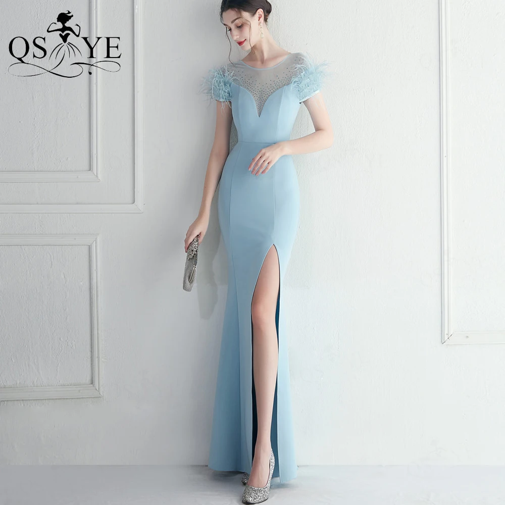Wedgewood Blue Evening Dresses Sequined Sheer Shoulder Fur Cap Sleeves Open Split Ostrich Hair Short Sleeves Party Dress Chic