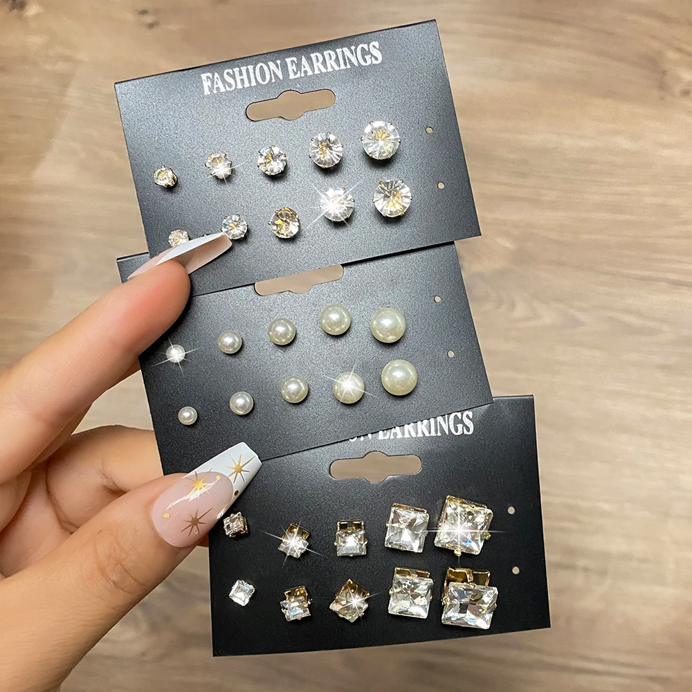 

6-pcs Metal Earrings For Women Geometric Six-jaw Crystal Zircon Earring Set For Women Vintage Temperament Pearl Stud Earrings yc