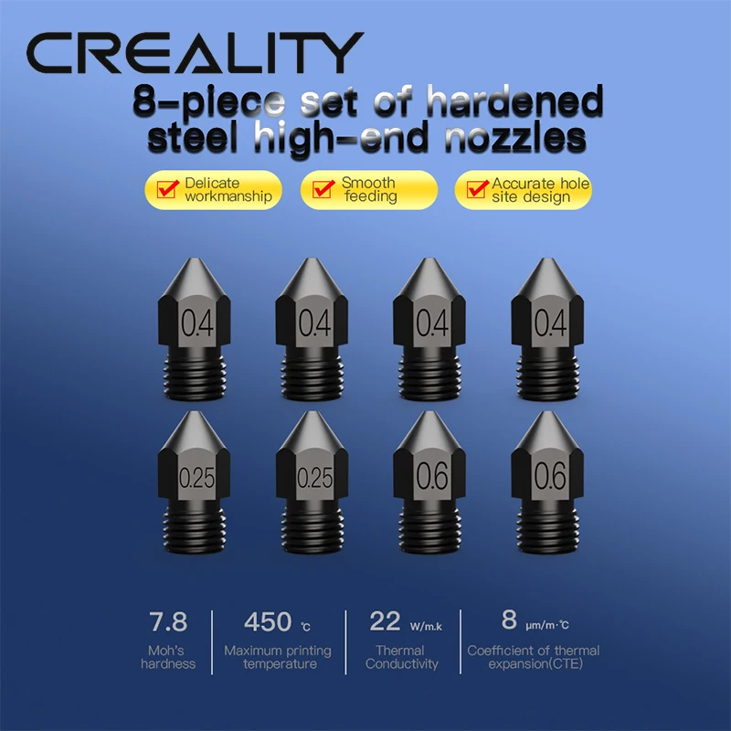 

Creality высококачественные форсунки из закаленной стали 0,25 мм X2 0,4 мм x 0,6 мм x 2 8 шт./компл. гладкая внутренняя стенка без заусенцев гладкая Форсу...