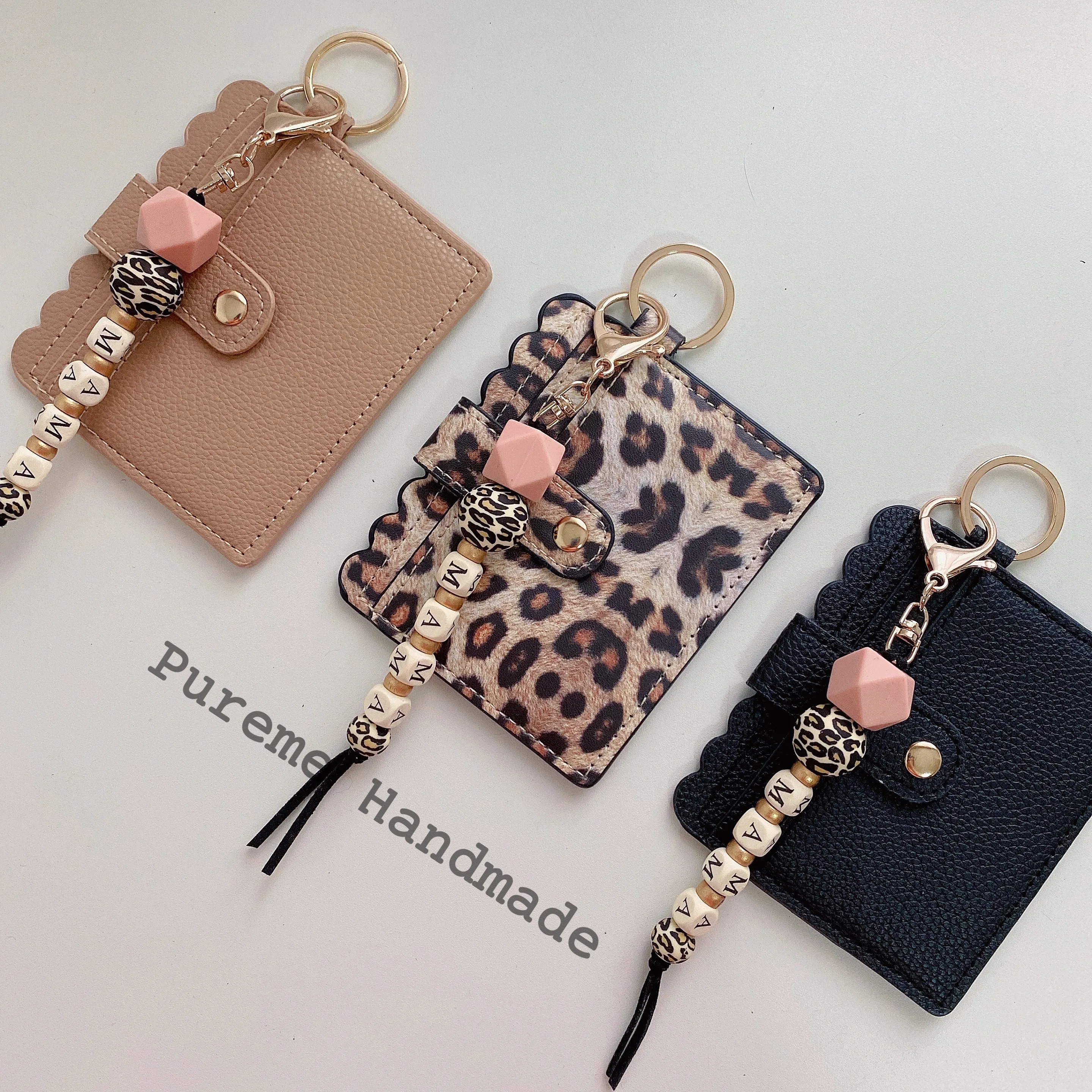 Mini Wallet and keychain, wallet, Leopard Card holder, gift for her, personalized, wrist wallet leopard bead, cheetah bead Mam