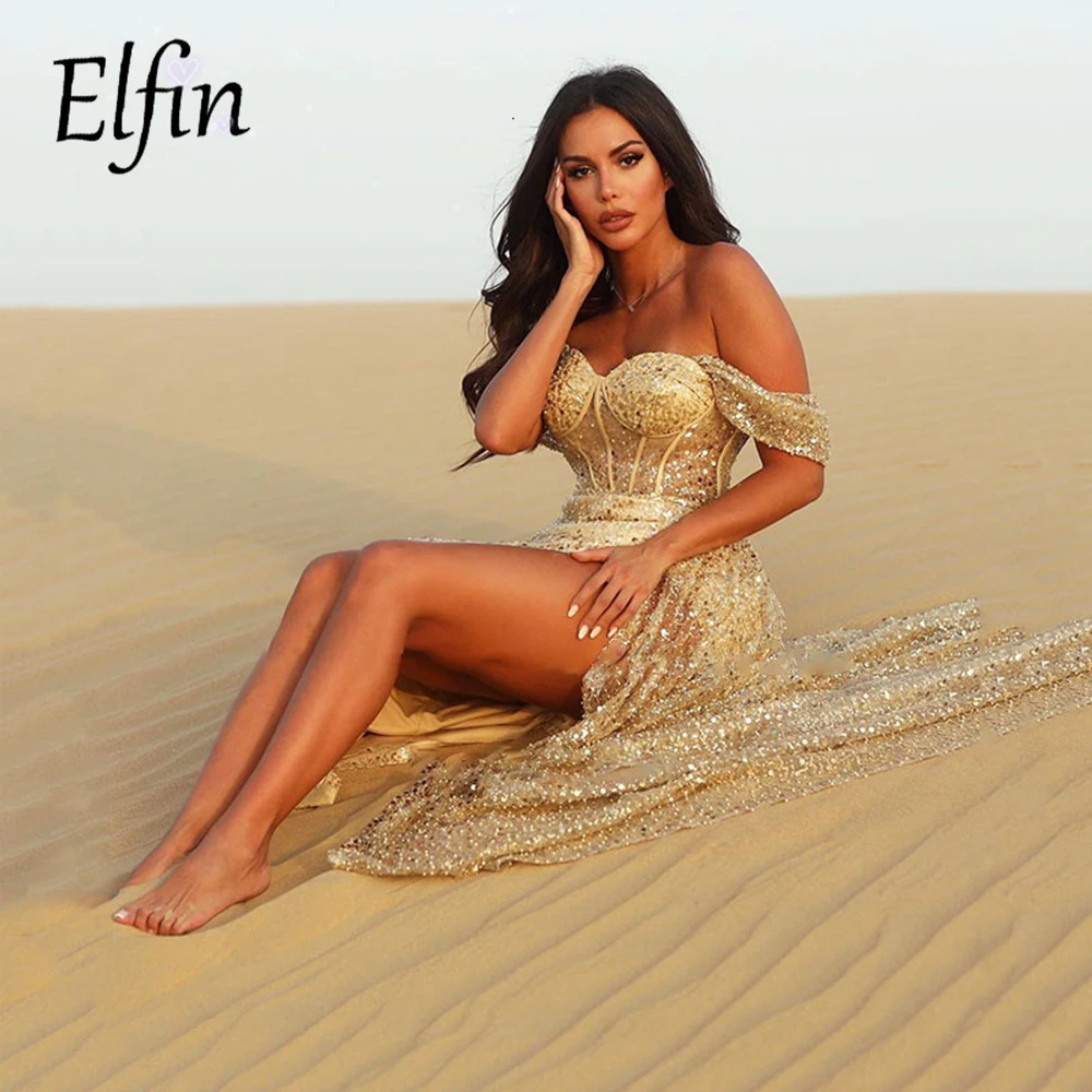 

Elfin Glitter Rose Gold Mermaid Evening Dresses Off The Shoulder Corset Side Slit Prom Dress Dubai Women Event Dress