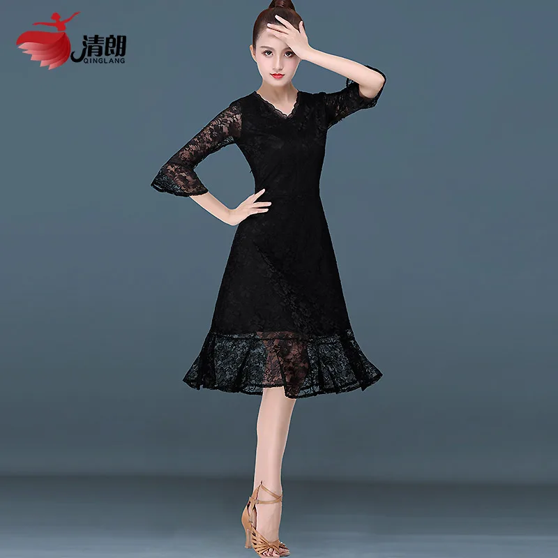 

Женское платье для латиноамериканских танцев, черное кружевное платье с рукавом средней длины, танцевальная одежда для упражнений, танцевальная одежда для выступлений и бальных танцев, L22063