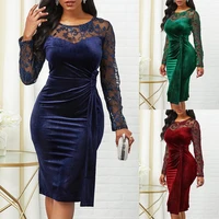 dress party dress long sleeve sexy bodycon women see through lace patchwork ruched party dress