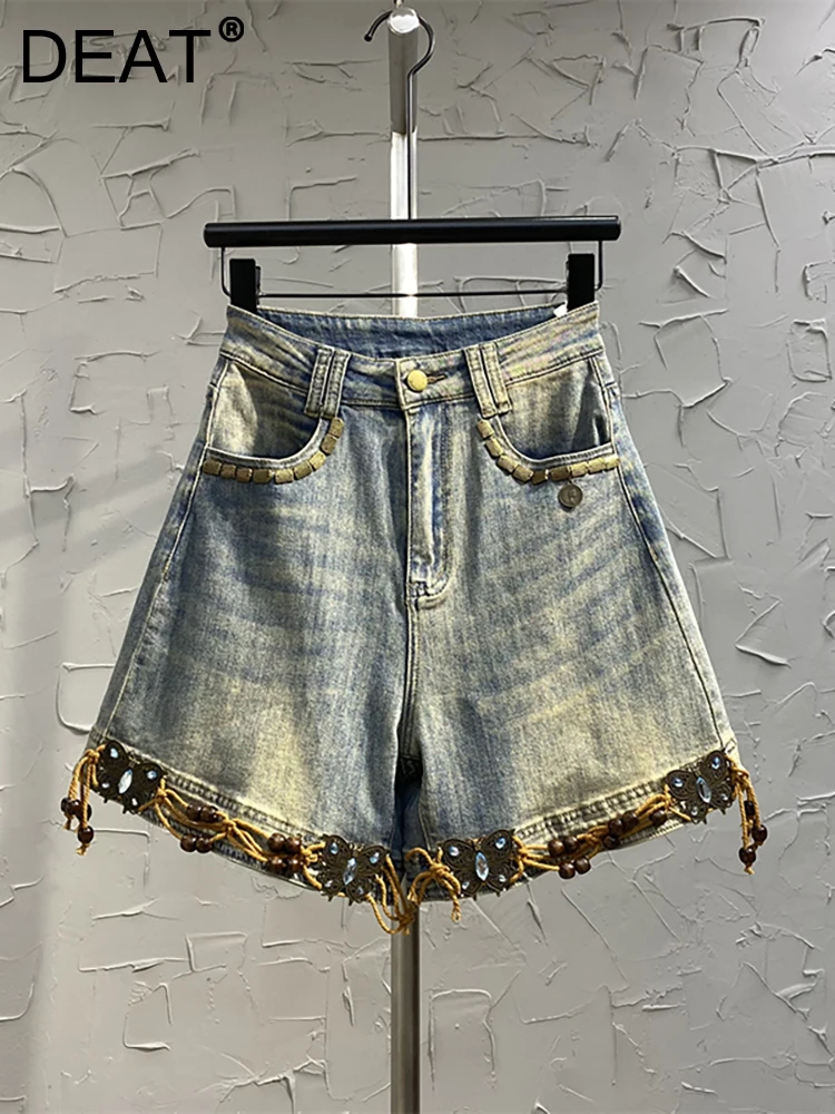 

DEAT Women's Denim Shorts High Waist Washed Loose Beading Butterfly Retro Decoration Short Jeans 2023 Summer New Fashion 29L2320