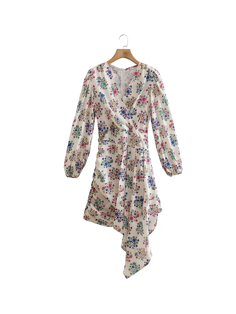 

Женское приталенное платье с длинным рукавом, асимметричным подолом и цветочным принтом, V-образным вырезом, весна-осень 2022