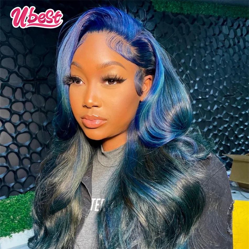 

HD Ombre Blue Colored Wig Human Hair 13X6 Body Wave Lace Front Wig 32Inch Brazlian Transparent Lace Frontal Wig For Woman Ubest